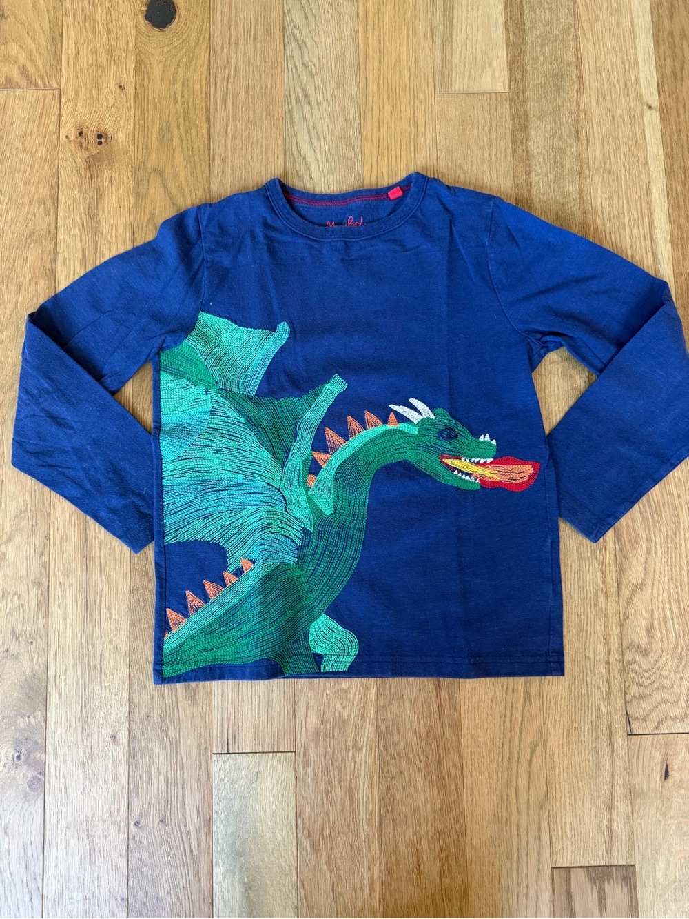 Mini Boden Boys 8-9Y Navy Embroidered Fire Breathing Dragon Long Sleeve Tee